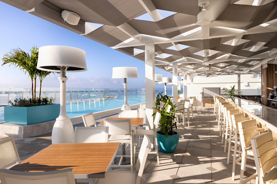 Level Blue bar and restaurant with open windows overlooking water