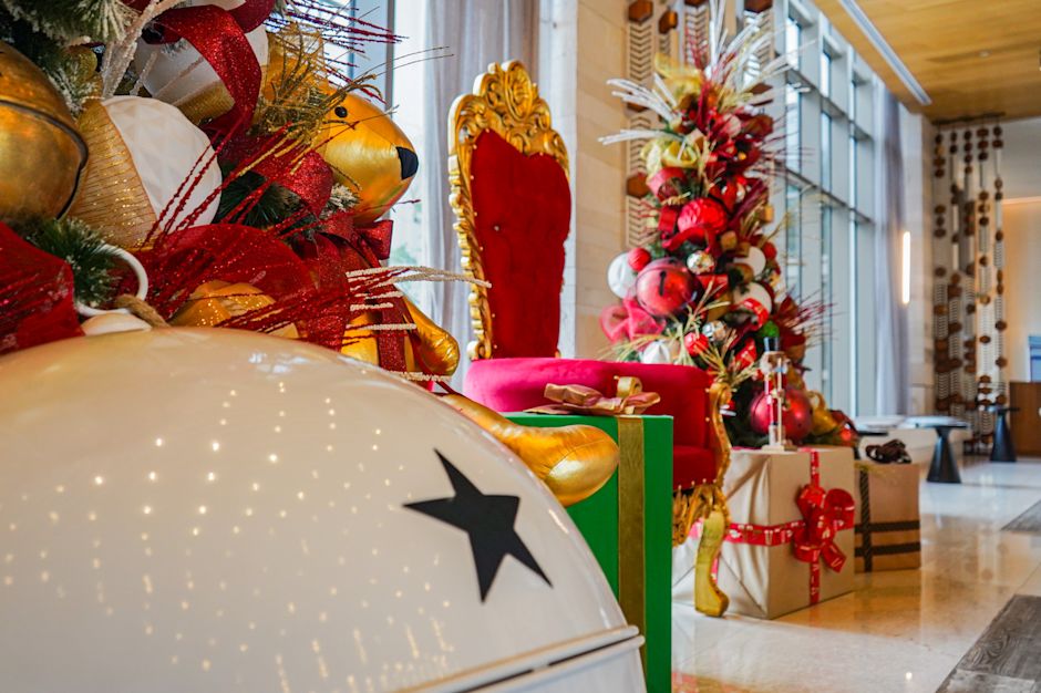 Large bauble and chair for Santa to sit in