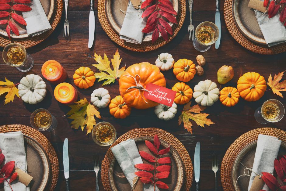 Table set with fall decor for Thanksgiving