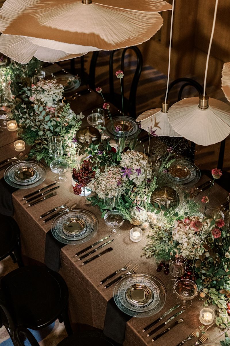 Table set up and decorated for an elegant dinner.