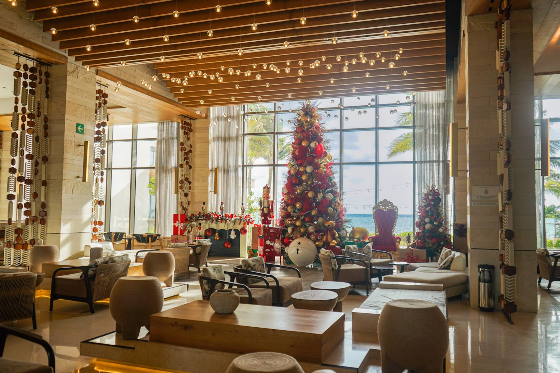 Lobby area with Christmas tree and toys