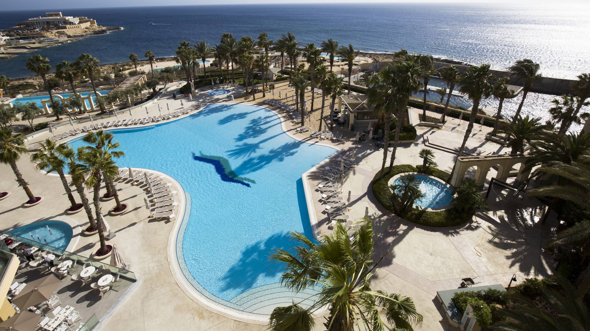 Aerial view of outdoor pool, palm trees and water view