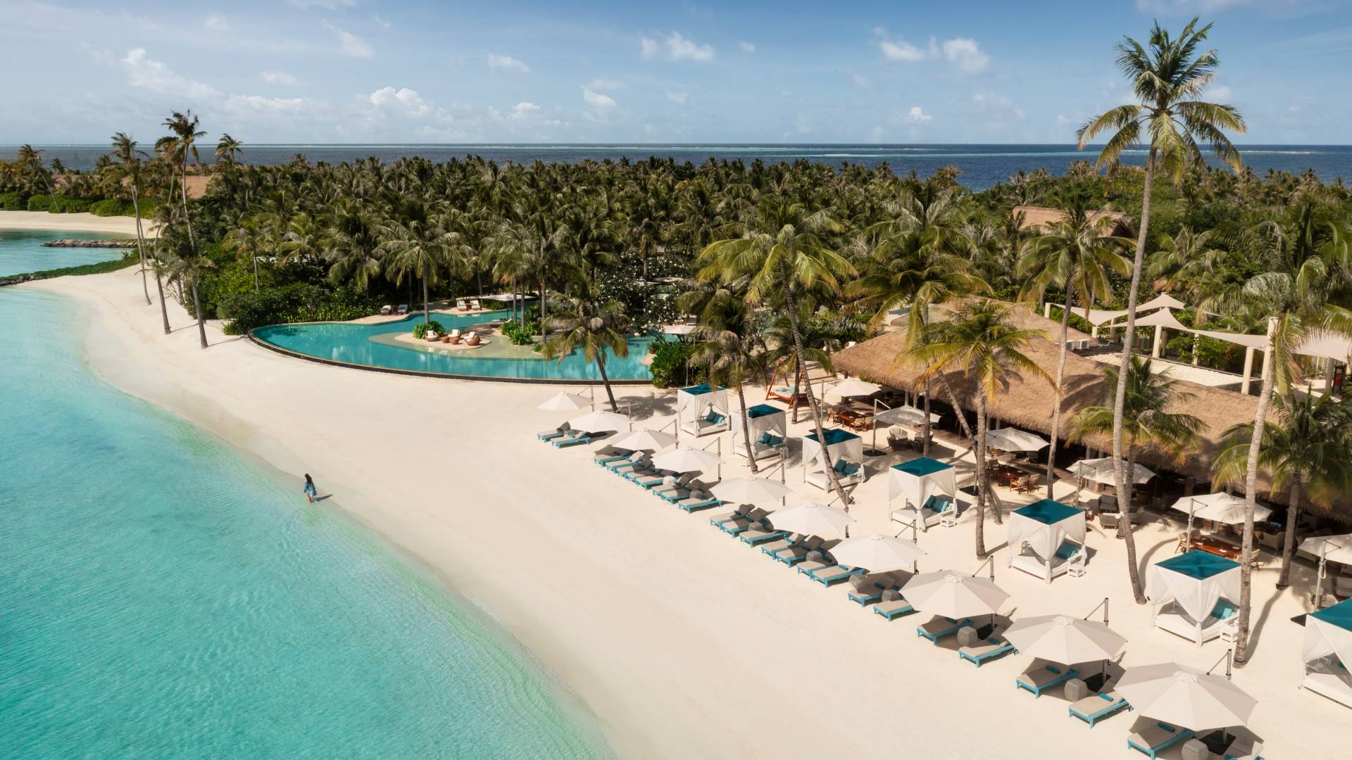 Overhead view of beach with deck chairs