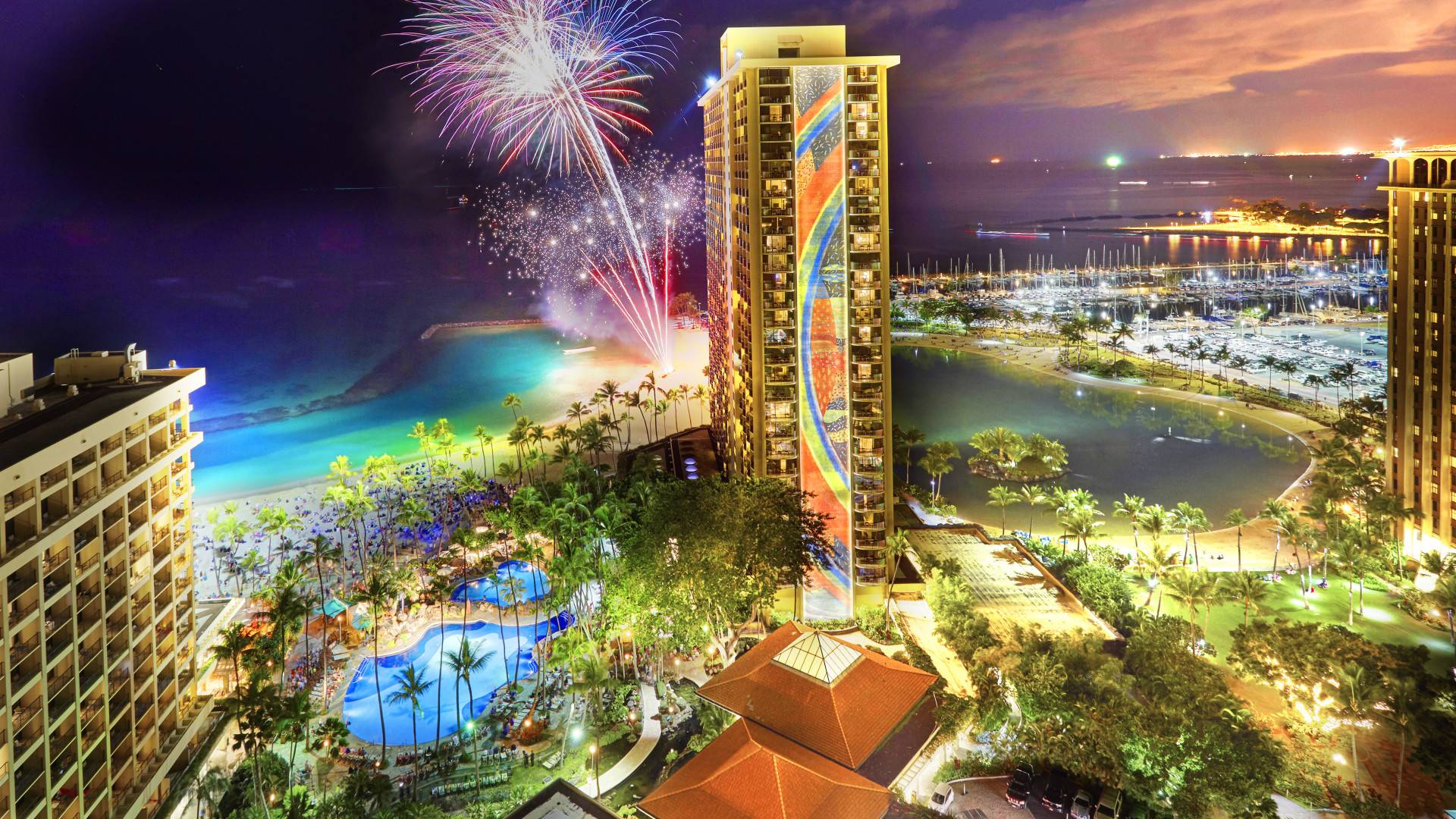 hotel exterior with fireworks