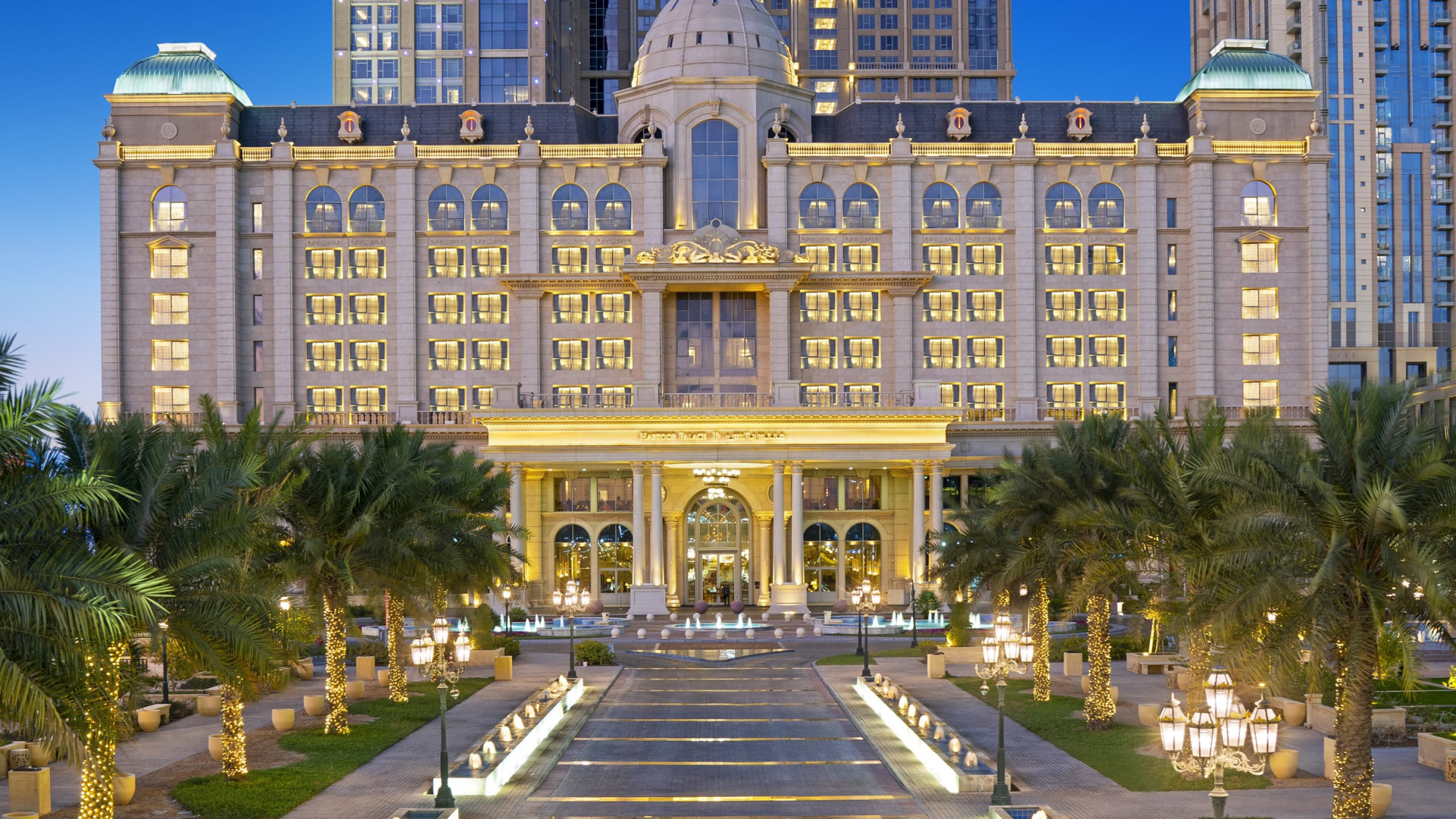 Habtoor Palace Dubai Exterior Dusk-transition-image