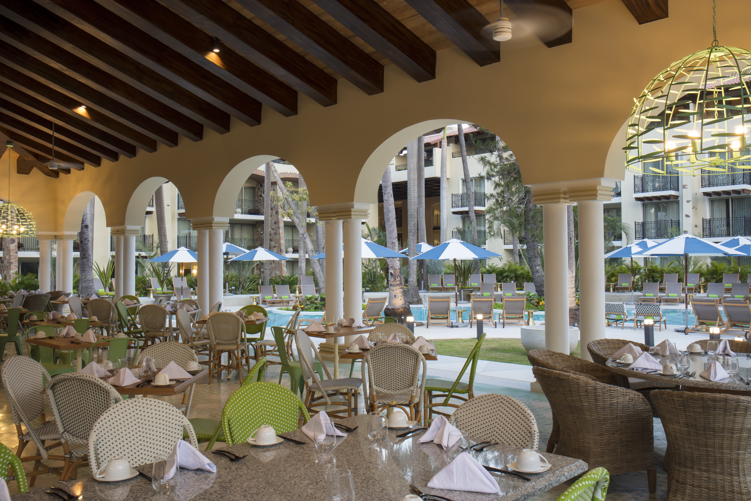 Talavera Restaurant seating with view of pool