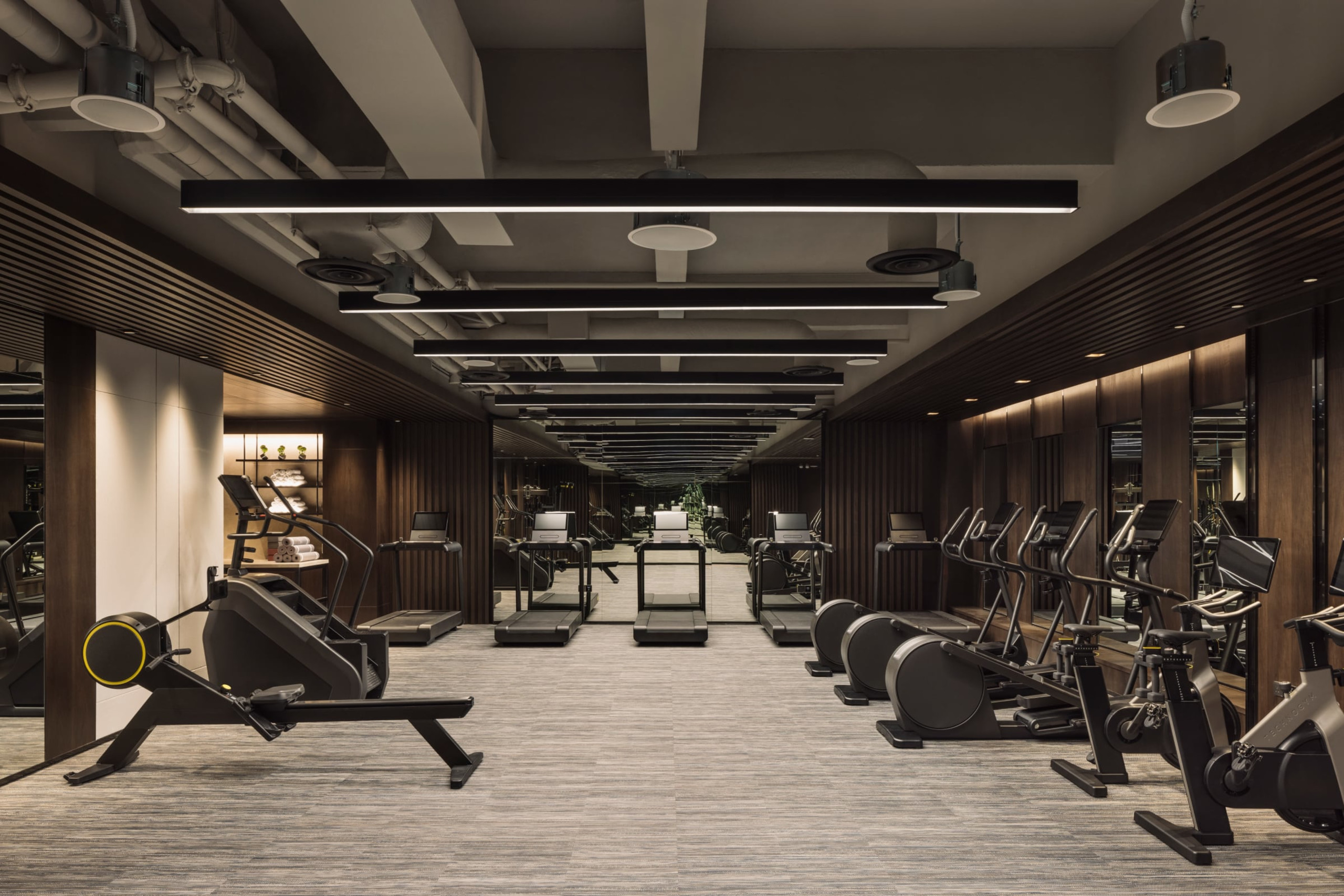Large fitness room with modern fitness equipment.