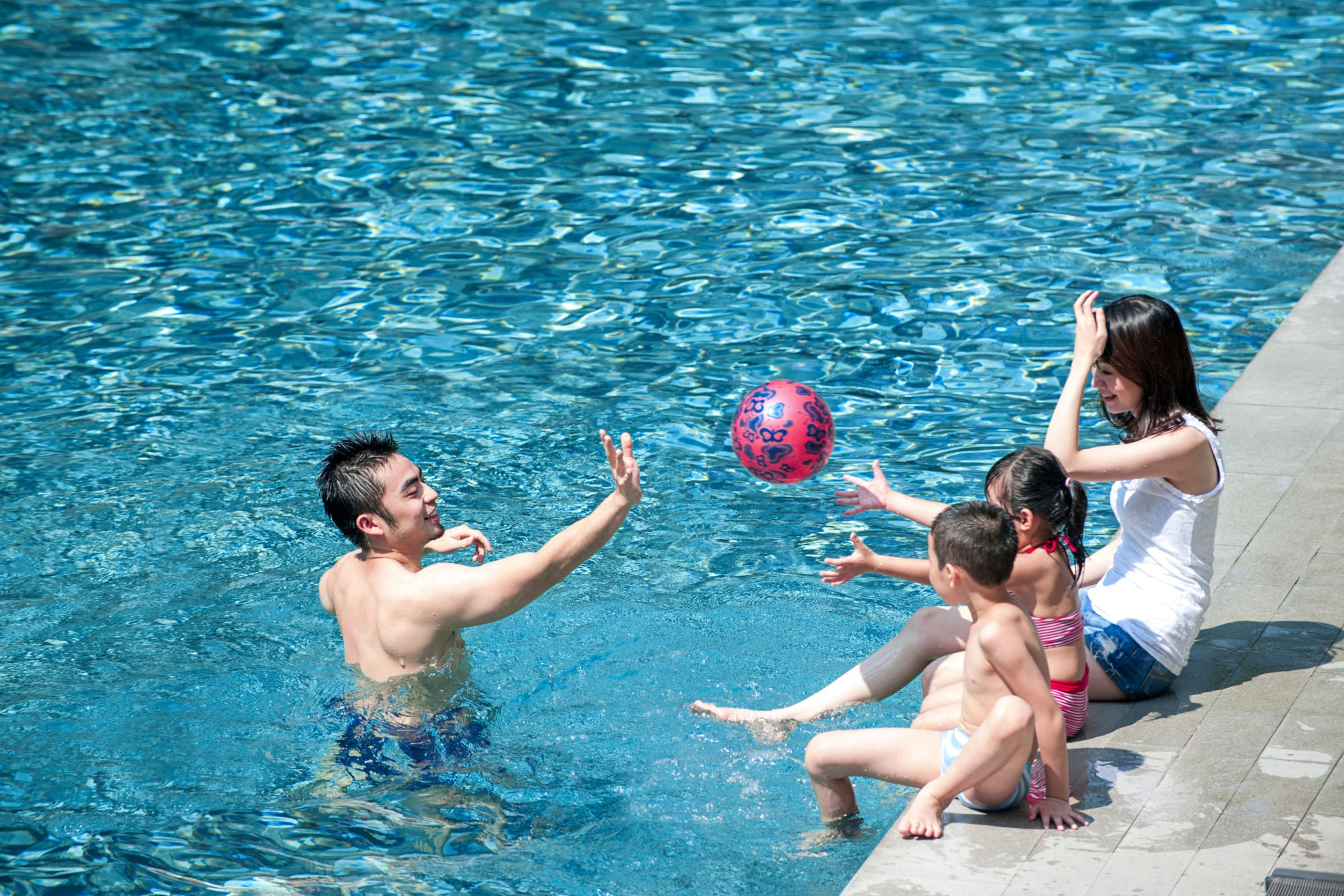 A family of 4 playing in the pool with a ball.