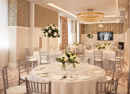 View of the Manhattan Suite decorated for a wedding reception.
