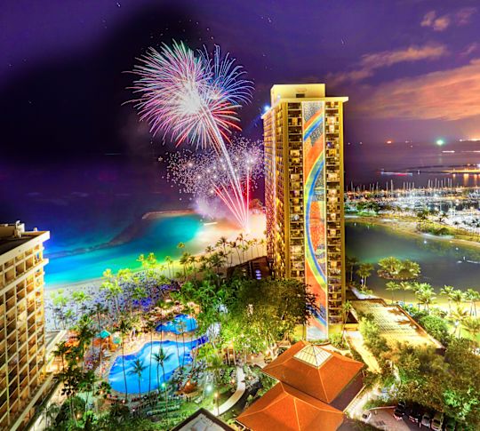 hotel exterior with fireworks