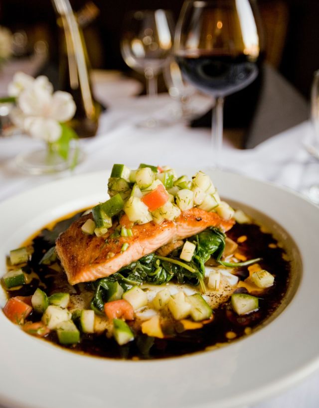 Salmon style dish on a plate.