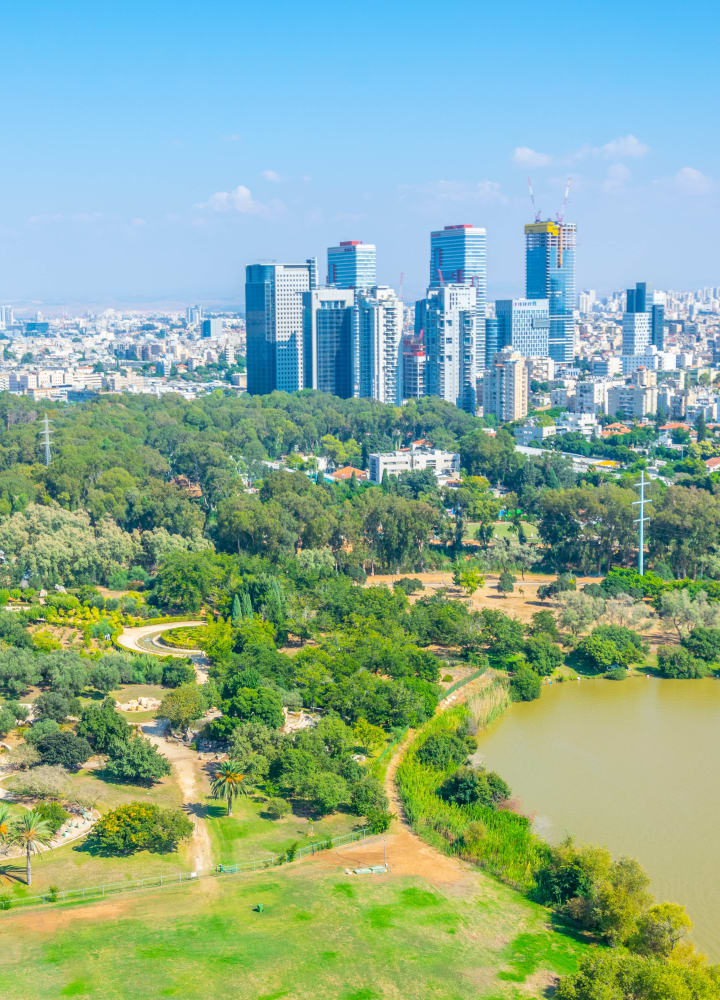 Cityscape of Tel Aviv viewed from TLV Balloon flying over Hayarkon park, Israel