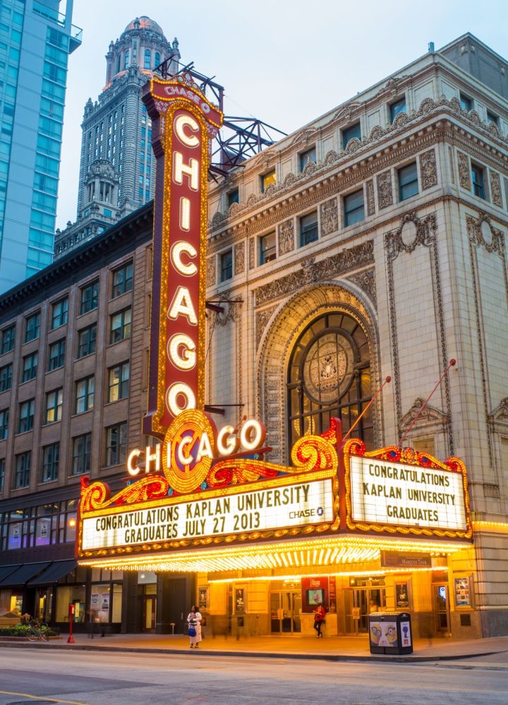 Chicago street with neon signs
