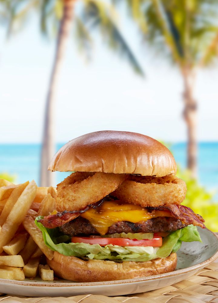 burger with onion rings and fries on plate with beer