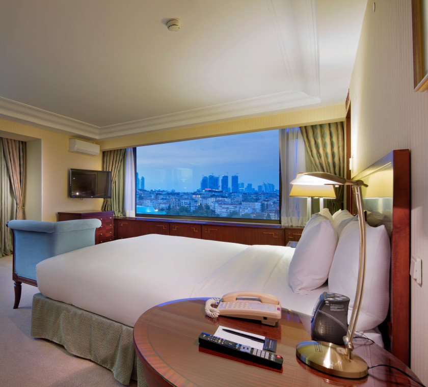 Guest suite overlooking the water and skyline