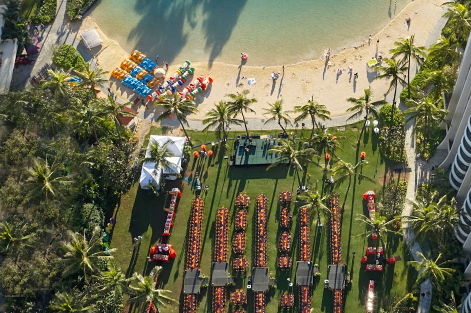 aerial bird's eye view of hotel grounds and beach