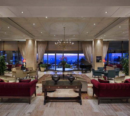 Lobby lounge with window views